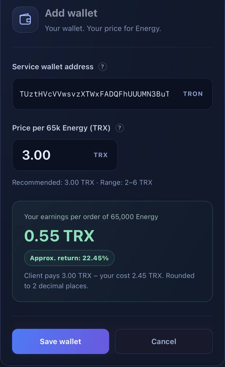 Add wallet form showing a TRON address, 3 TRX per 65,000 Energy, a 0.55 TRX difference, and Save wallet.